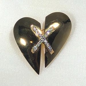 KEYES MENDED BROKEN HEART SHINY GOLD TONE BROOCH